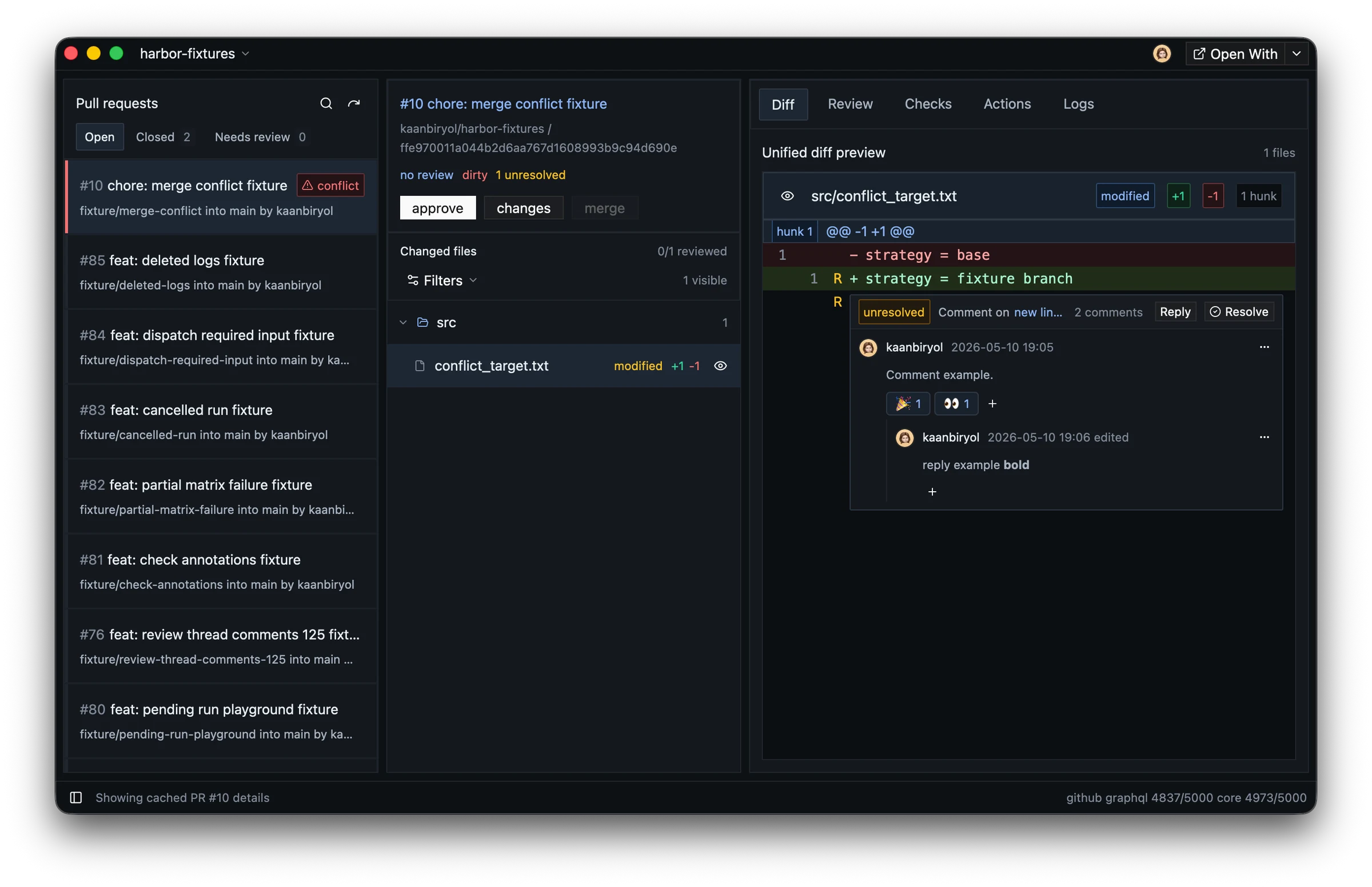 Harbor showing a pull request diff with an inline review thread